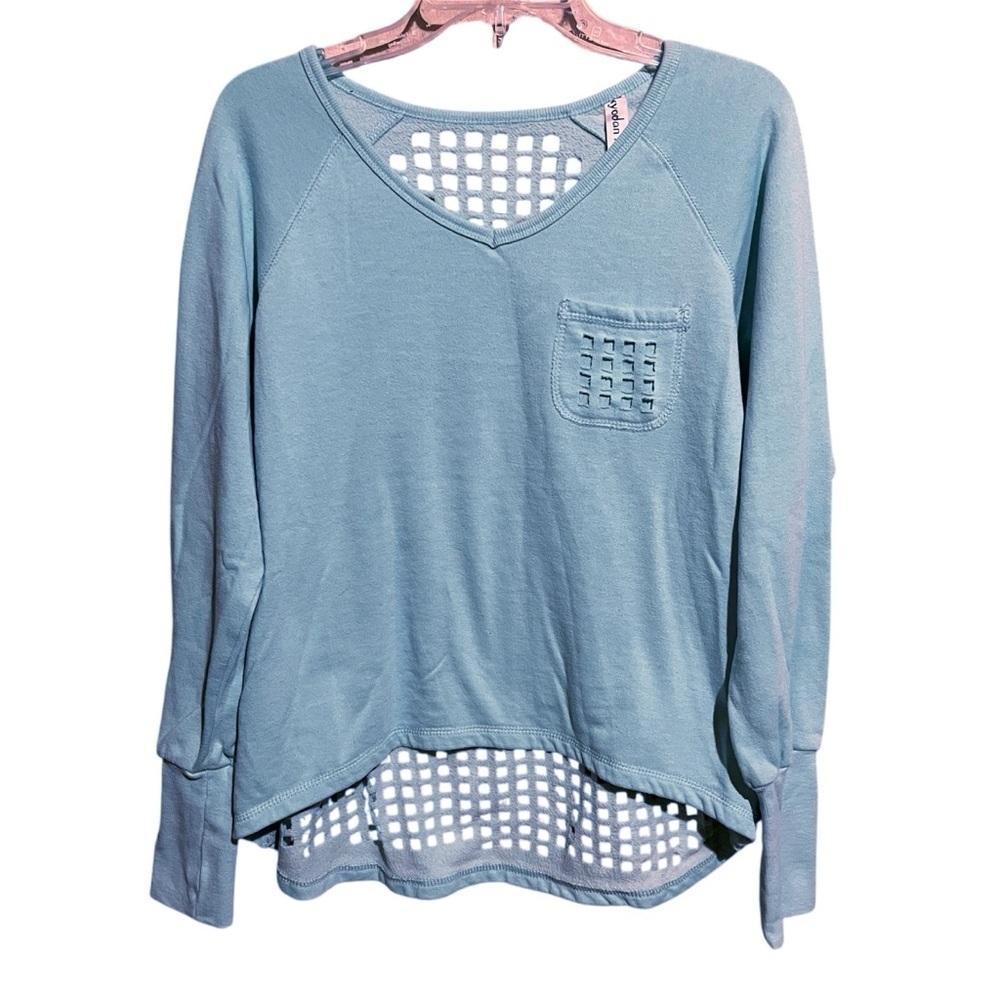 Kyodan Women's Sweater Size Large Blue Long Sleeve Pullover Open Mesh Back